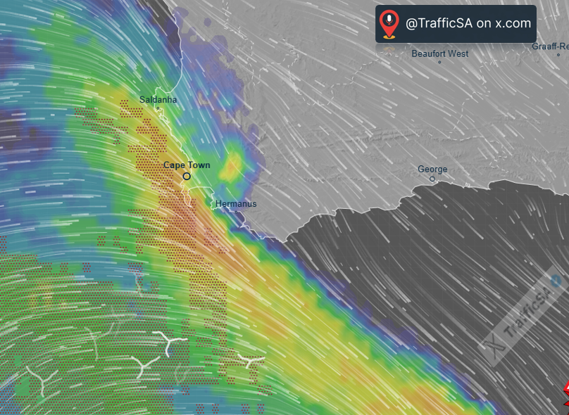 TrafficSA's tweet image. Cape Town - Heavy Frontal System arriving into the region - localised flooding and surface water dangers for next couple of hours #DriveSafe