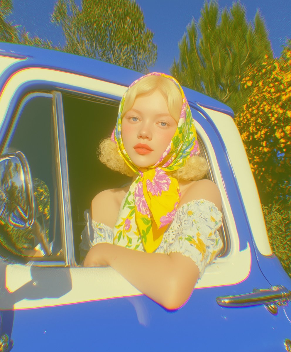 heathergreen's tweet image. #sref combo and #promptshare for #midjourney 
PROMPT: A young woman with blonde hair and blue eyes, wearing a colorful headscarf and an off-the-shoulder top, leans out of the window of a vintage blue and white pickup truck. The background is softly blurred, showing green foliage