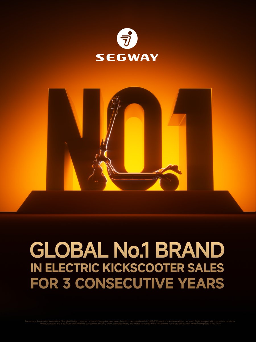 Segway's tweet image. Three years. One position. ☝️

Segway is proud to be the global No.1 brand in electric kickscooter sales for three consecutive years！

This milestone belongs to every rider who chose a smarter way to move.

And we’re just getting started！

#Segway #No1Brand #ElectricScooter