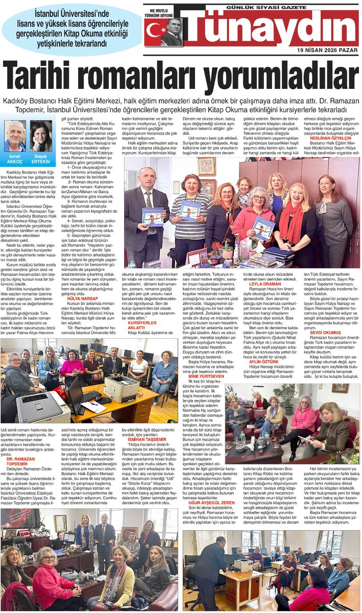 Türk Romanlarında Kadın Kahramanlar ve Aile Kitap Kulübü Tünaydın Gazetesinde yayınlandı