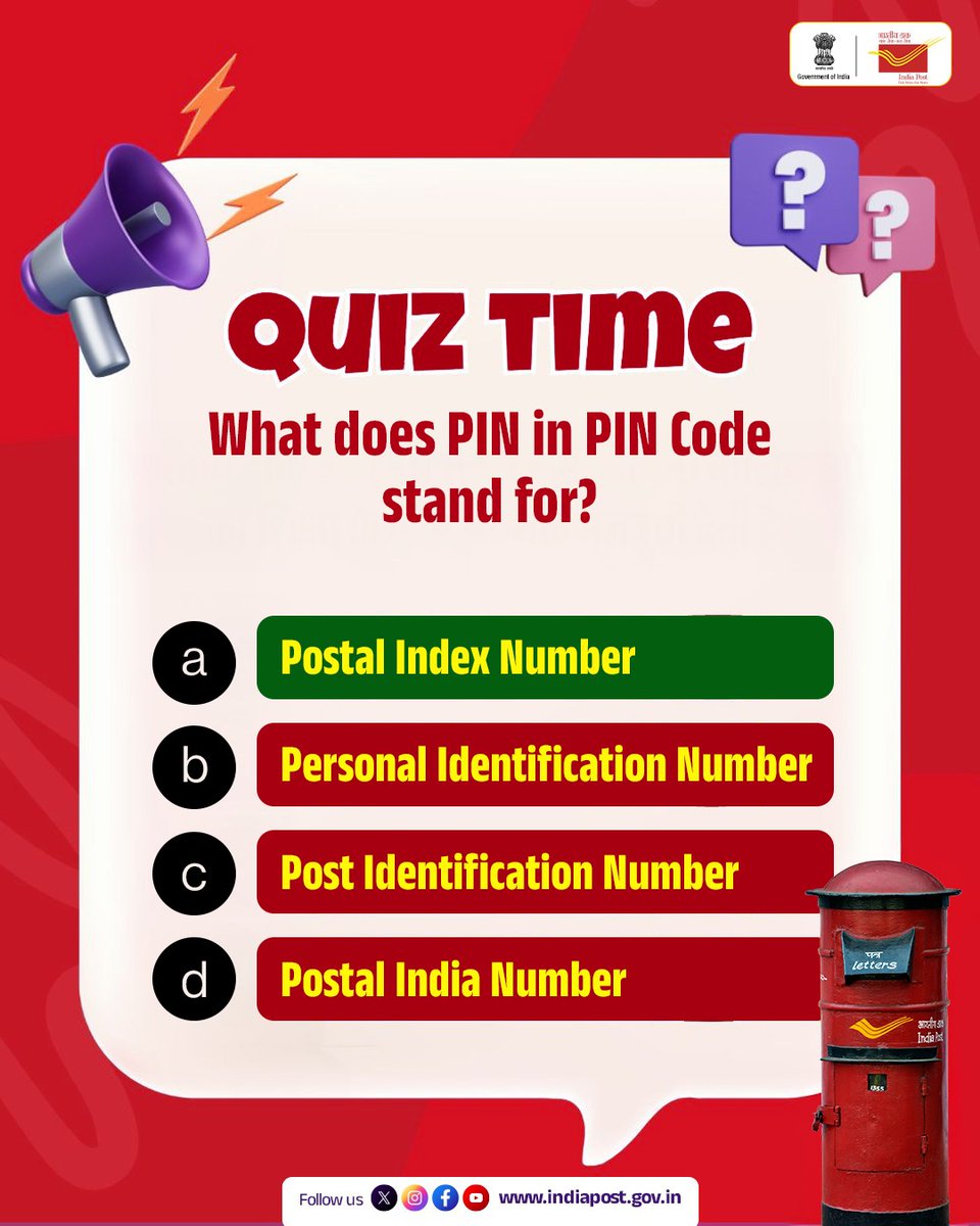 IndiaPostOffice's tweet image. It’s Postal Index Number ✔️
The only PIN you don’t need to keep secret 😄

Congratulations to @RishabhSin48089 for being the first to guess it right! 

#Quiz #IndiaPost #GuessTheAnswer #DakSewaJanSewa