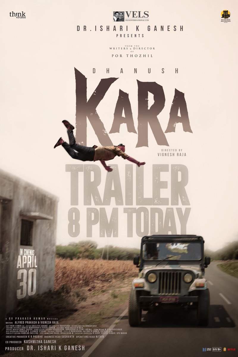 ItsAbishek04's tweet image. #Kara 's Trailer today at 8PM

#கர #Dhanush #MamithaBaiju #VigneshRaja #KSRavikumar #SurajVenjarmmoodu #Karunas #PritiviPandiraj #Sreejithsarang #GVPrakash