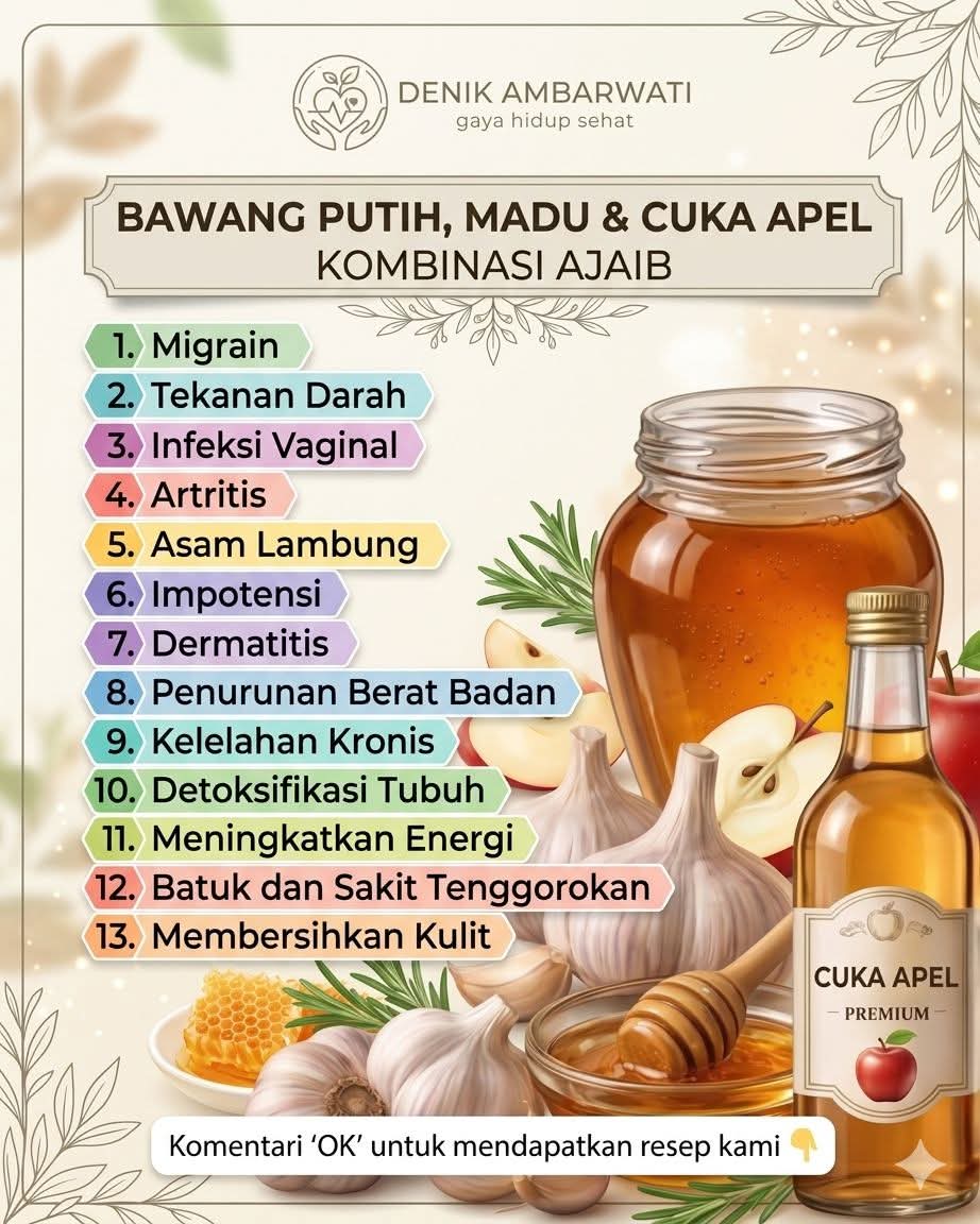 palupi_safitri's tweet photo. Di sebuah desa kecil, Mbah Suro (78 tahun) sudah lama lelah berjuang dengan migrain, tekanan darah tinggi, asam lambung, dan badan yang selalu lemas.

Suatu hari, cucunya Rara pulang membawa madu, bawang putih, dan cuka apel. “Mbah,,, masih sakit? 🥹Ayo minum ini ya Mbah,  kombinasinya ajaib,” katanya.

Setiap pagi Mbah Suro minum ramuan sederhana itu: bawang putih tumbuk dicampur madu dan cuka apel.
Awalnya ia mengeluh rasanya aneh.
Tapi setelah dua minggu, migrainnya jarang datang.

Sebulan kemudian, ia sudah bisa ke sawah lagi tanpa ngos-ngosan.  Kulitnya lebih segar, tenaganya pulih, dan senyumnya kembali lebar.

Tetangga heran, “Mbah Suro kok jadi tambah sehat dan awet muda?”
Mbah Suro hanya tersenyum sambil menunjuk botol cuka apel di meja.
“Bukan obat mahal. Cuma bawang putih, madu, dan cuka apel. Yang penting rutin.”

Sekarang, ramuan ajaib dari dapur itu jadi rahasia kebugaran Mbah Suro — dan cerita yang selalu dibagikan Rara ke semua orang.