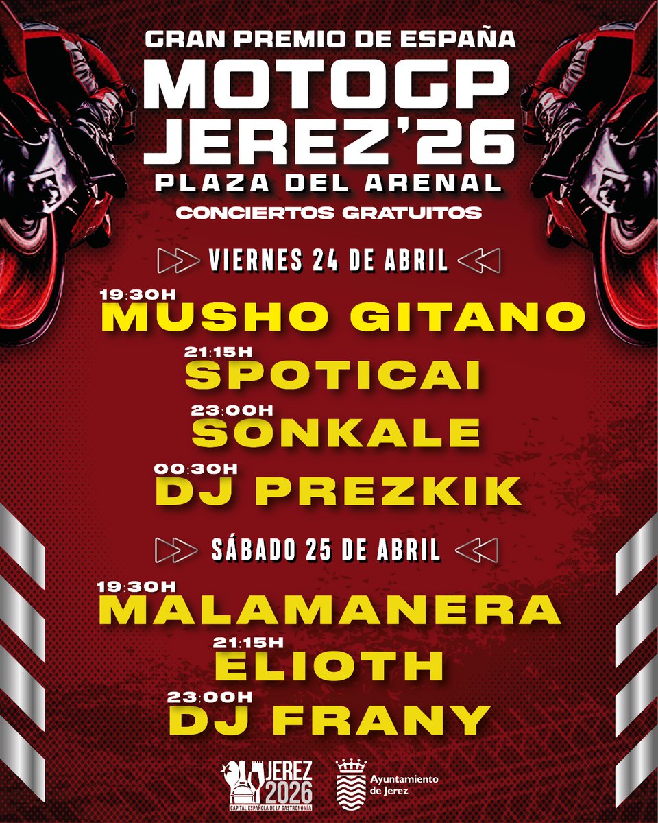 ciudadjerez's tweet image. 🏍️#Jerez calienta motores con más de treinta actividades para vivir el Gran Premio de España de Motociclismo.

➡️Del 22 al 26 de abril, la ciudad se convierte en el gran punto del encuentro del motor

Toda la programación en: ⤵️

jerez.es/motogp