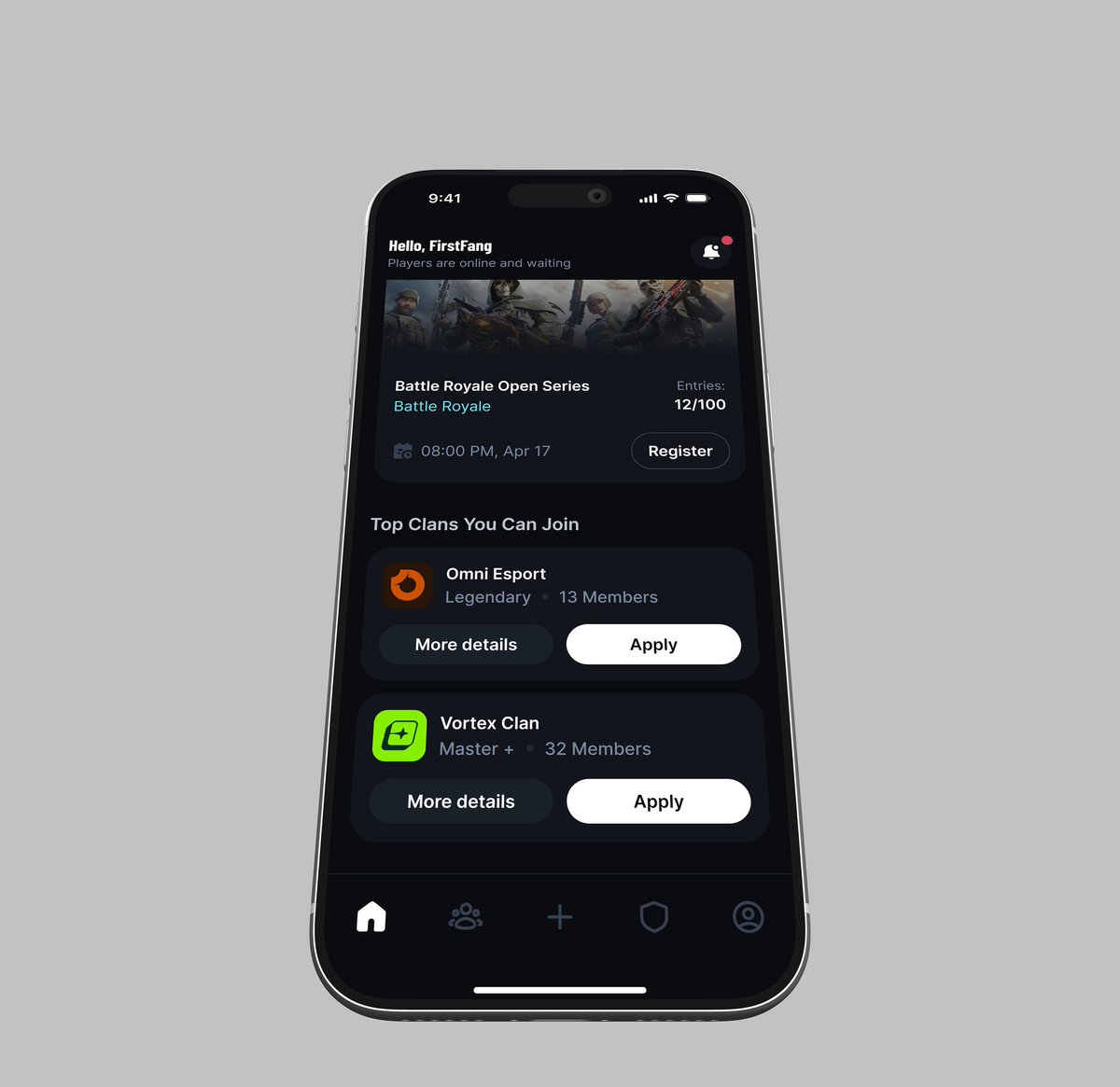 A call of duty mobile companion app 🎮
A place to: 

– Build your squad
– Meet new teammates
– Join or discover clans
– Stay updated with clan activities
– Find and join tournaments