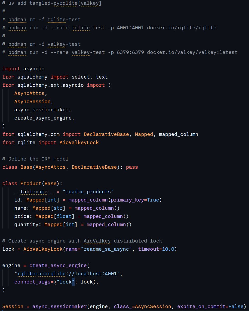 mtasic85's tweet image. We published new version of tangled-pyrqlite v0.1.6 by @TangledGroup

If you like #sqlite, you would love @rqlite in production.

Give it a try: pypi.org/project/tangle…

Slightly complex async @sqlalchemy ORM example with @valkey_io async locking for true cross-process