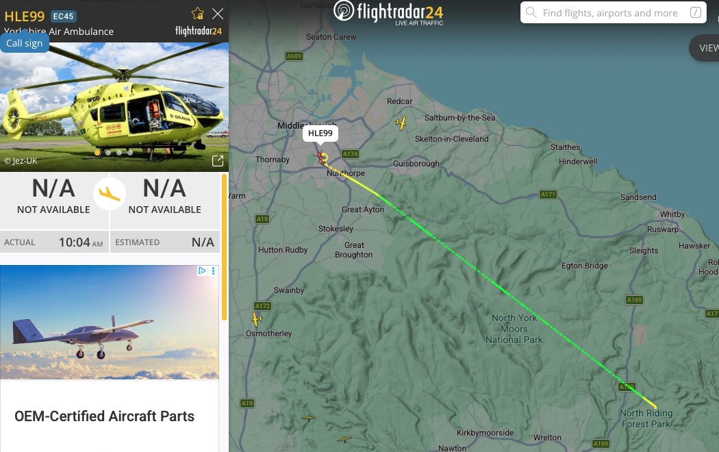 mick_a11's tweet image. This is why there are No beds at James Cook #Hospital in #Middlesbrough 
The Yorkshire Air Ambulance picked a patient up from Dalby nr Pickering today. 
It would be quicker taking them to #Scarborough hospital A&amp;amp;E, which used to happen in the past.
@wesstreeting #NHS #Boro