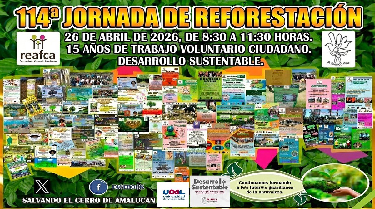 SAmalucan's tweet photo. Les invitamos a nuestro 15avo. Aniversario de Esfuerzo Ciudadano y Jornada de Reforestación Núm. 114 a realizarse el próximo 26 de abril de 8.30 a 11.30 hrs. Les esperamos en familia. Equipo de trabajo “Salvando el Cerro de Amalucan iniciativa REAFCA. Carmen Nava Aguilar. https://t.co/iVRySzcGXh