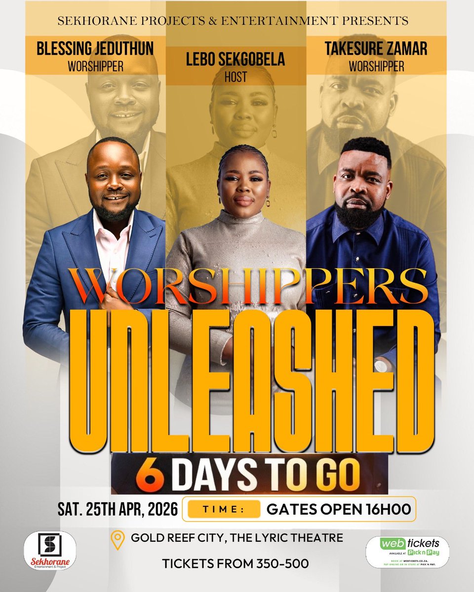 SekgobelaLebo's tweet photo. 06 DAYS TO GO 🚀🚀🚀🚀🚨🚨🚨

📅 Saturday, 25 April 2026  
⏰ Gates open at 16H00  
📍 Gold Reef City – The Lyric Theatre  
🎟️ Tickets from R350–R500 via Webtickets &amp; Pick n Pay  

https://t.co/QLKmLRs1KV

#CountdownToPraise #GospelExperience #SekhoraneEntertainment https://t.co/8RYQ59QoHj