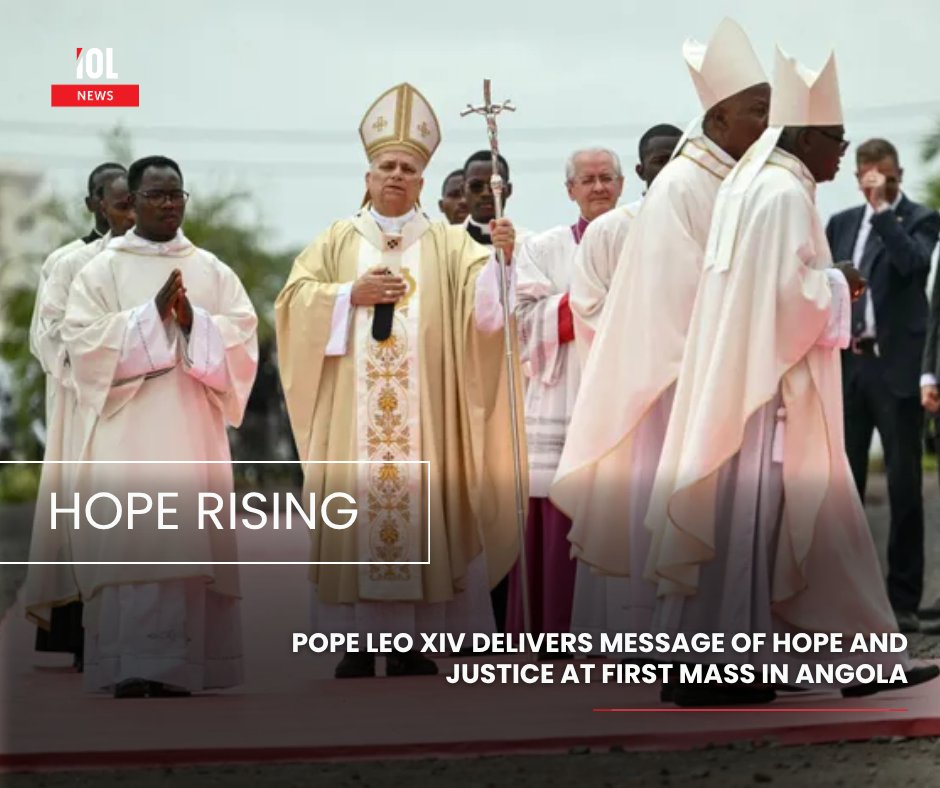 IOL's tweet image. Tens of thousands gathered outside Luanda as Pope Leo XIV led a mass, urging hope, condemning corruption, poverty and exploitation amid Angola's vast but unequal resource wealth message of hope.
#PopeLeoXIV #Angola #Luanda #CatholicChurch #Poverty 
Read more here: