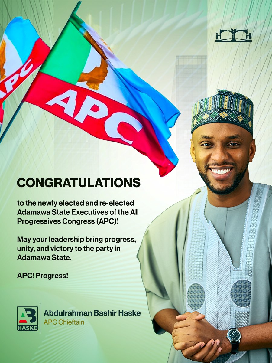 OfficialABHaske's tweet photo. I warmly congratulate Hon. Alhaji Hamza Bello on his election as the Chairman of the APC in Adamawa State, alongside all the newly elected members of the State Working Committee. 

This Congress has once again reaffirmed our collective commitment to strengthening the party’s structures, safeguarding its values, and ensuring that the APC remains a broad, inclusive platform for all who believe in progress, unity, and purposeful leadership.

To the Chairman and the entire executive team, I wish you a successful tenure as you take on this important responsibility. Together, we will continue to work tirelessly for the progress and prosperity of Adamawa State and Nigeria. 

APC! Progress!! 

#HaskeIsOk