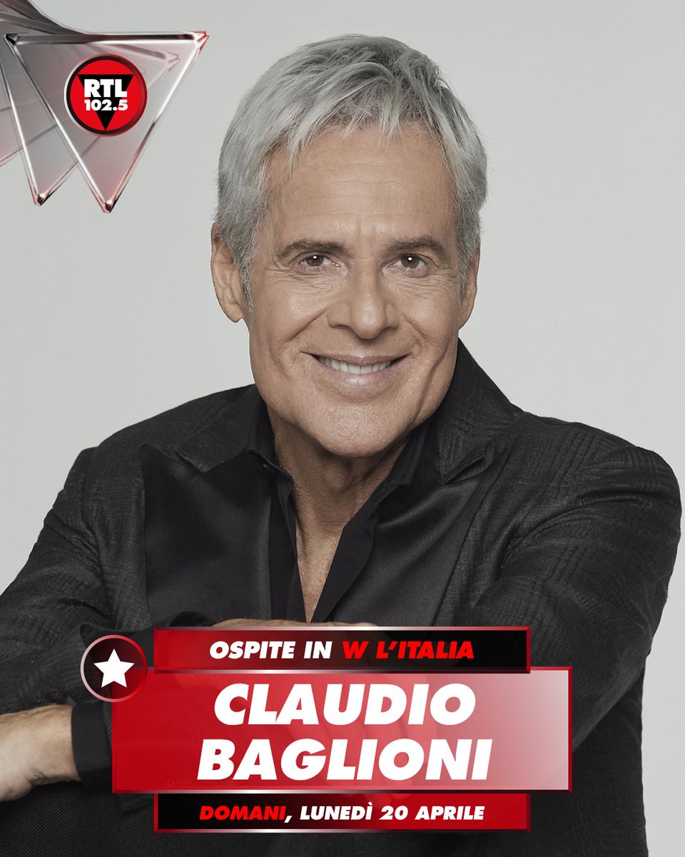 rtl1025's tweet photo. 📅 Domani, lunedì 20 aprile
⏲️ Alle 12.00
🎙️Claudio Baglioni sarà ospite in #WlItalia
#ClaudioBaglioniRTL1025
Segui la diretta su RTL 102.5 PLAY 📲 https://t.co/ZHHrMTLySa https://t.co/UVnUrjsl7W