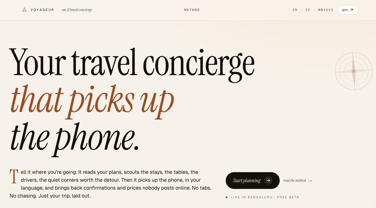 Voyageur landing page showing AI travel concierge that picks up the phone to book hotels and restaurants
