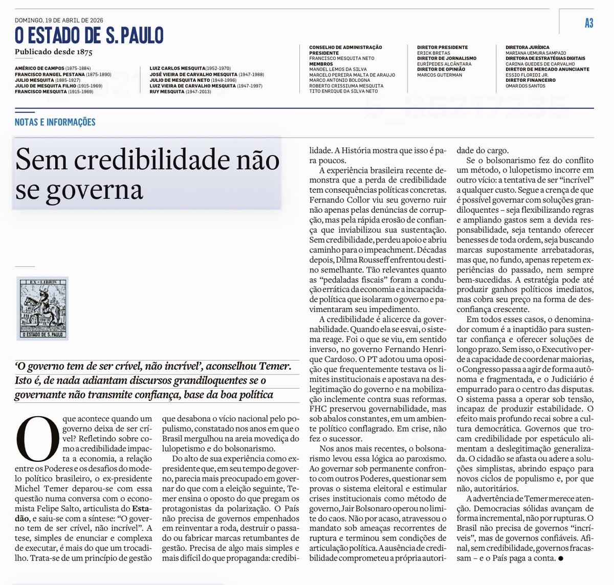 O País não precisa de governos empenhados em reinventar a roda, destruir o passado ou fabricar marcas retumbantes de gestão. Precisa de algo mais simples e mais difícil do que propaganda: credibilidade, disse <a href="/MichelTemer/">Michel Temer</a>⁩ <a href="/Estadao/">Estadão 🗞️</a> 📌 <a href="/elenalandau2/">elena landau ★彡🖤🤍🖤🤍</a>⁩ <a href="/reztirps/">Andre Spritzer</a> <a href="/_robertomotta/">Roberto Motta</a>