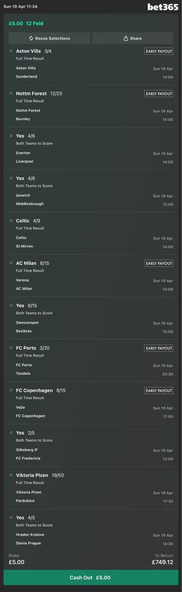 Today’s long shot acca 💰

£5 > £749.12

Starts at 12pm

Add To Your Bet Slip - bet365.com/s/r/HpN76