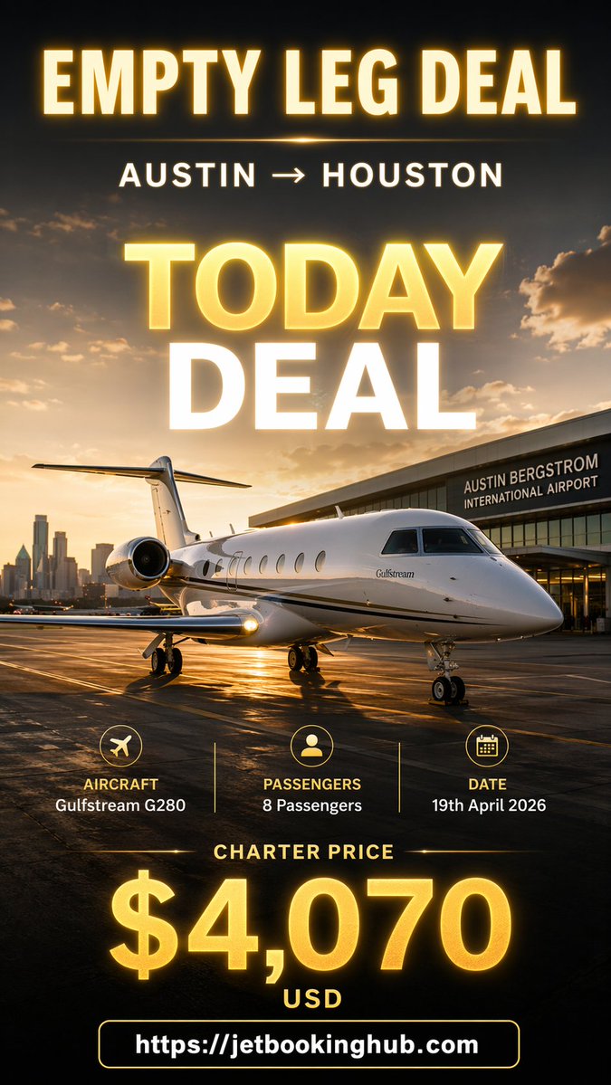 jetbookinghub's tweet image. Luxury travel just got smarter ✈️
Empty leg deal on a Gulfstream G280 from Austin, Texas → Houston, Texas
👥 8 Passengers
📅 April 19, 2026
💰 $4,070 USD
Limited-time private jet offer — book before it’s gone.
👉 JetBookingHub.com
#AustinTexasUSA #PrivateJet #EmptyLeg