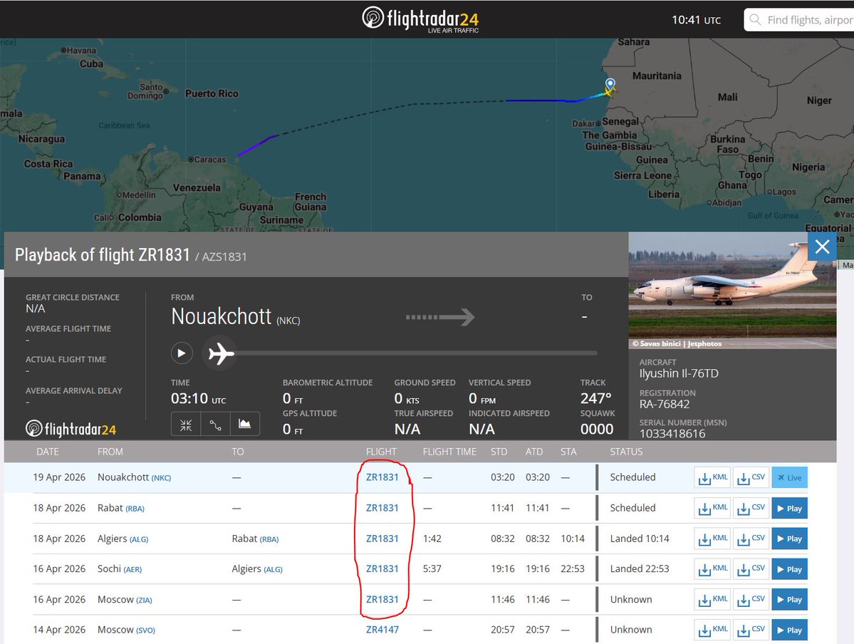 Flightwatcher1's tweet image. Aviacon Zitotrans🇷🇺 Il-76TD   
Código de llamada: AZS1831  
Matrícula: RA-76842
Hex: #152C2A
Desde Moscú🇷🇺 con sus habituales escalas (Sochi, Algeria, Marruecos, Mauritania) con destino Caracas🇻🇪
#Venezuela #Rusia