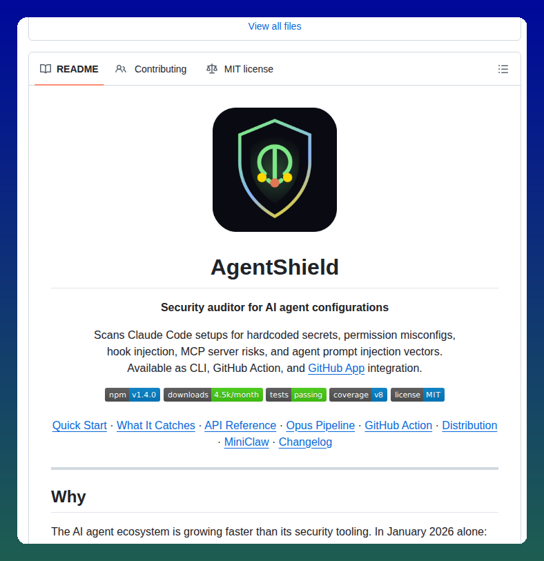 AgentShield README，展示AI智能体配置安全审计工具，npm v1.4.0