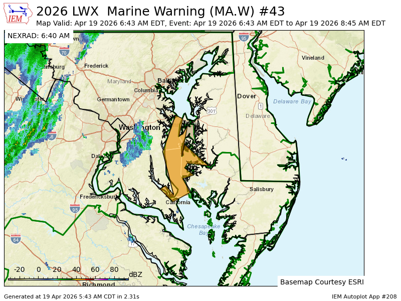 LWX issues Marine Warning [wind: >34 KTS, hail: 0.00 IN] till Apr 19, 8:45 AM EDT mesonet.agron.iastate.edu/vtec/f/2026-O-…
