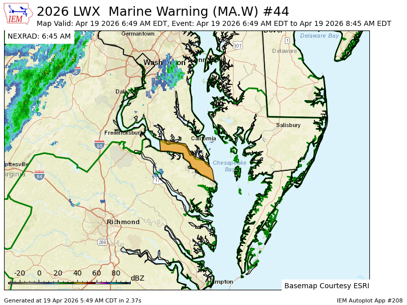 LWX issues Marine Warning [wind: >34 KTS, hail: 0.00 IN] for Tidal Potomac from Cobb Island MD to Smith Point VA [AN] till Apr 19, 8:45 AM EDT mesonet.agron.iastate.edu/vtec/f/2026-O-…