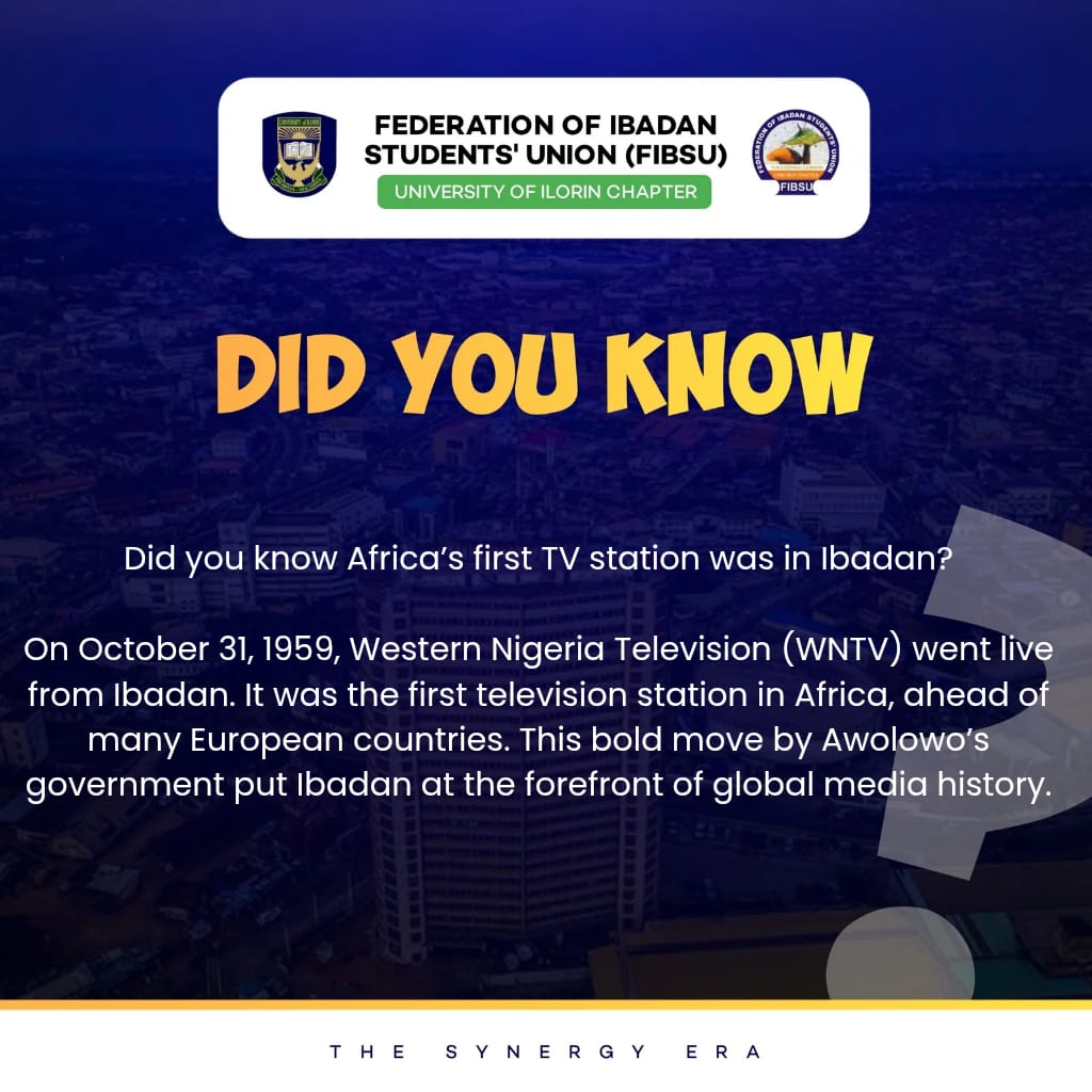 fibsu_unilorin's tweet image. Did you know Africa’s first TV station was in Ibadan?

On October 31, 1959, Western Nigeria Television (WNTV) went live from Ibadan. It was the first television station in Africa, ahead of many European countries. 
 
#SynergyEra
#Didyouknow
#IbadanConnect