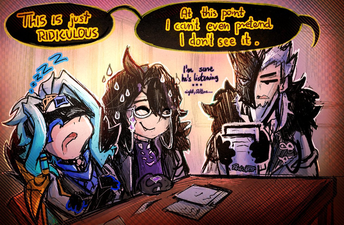 Yeah the meeti....*yawn* meeeting... it was really interstinnggg.... and.... we talked 'bout.... zzztuff.... zzzzZZzzzzzZz.....

Or: Dottore naps during the meeting **again** and Pierro makes sure this is the LAST time this happens
#Dottolone #Dottore #Pantalone