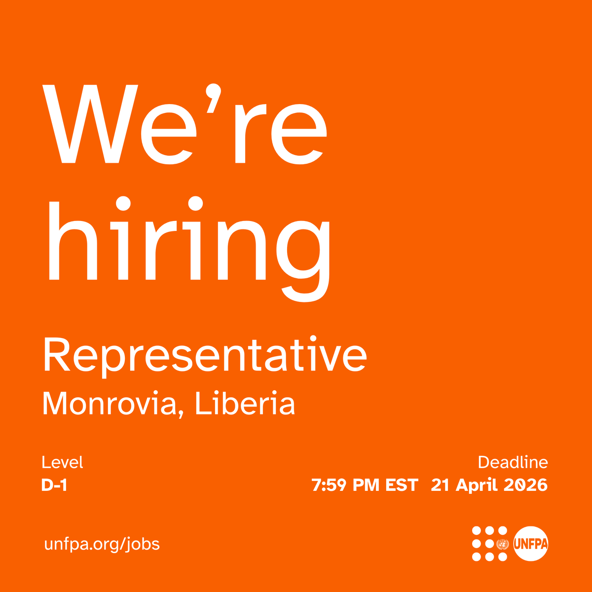 UNFPA's tweet image. #JobAlert: We are looking for a Representative (D-1) in #Liberia to lead the country office.

Spread the word and apply here before 21 April 2026 (7:59 PM EST):
unf.pa/Liberia-D1

#UNJobs