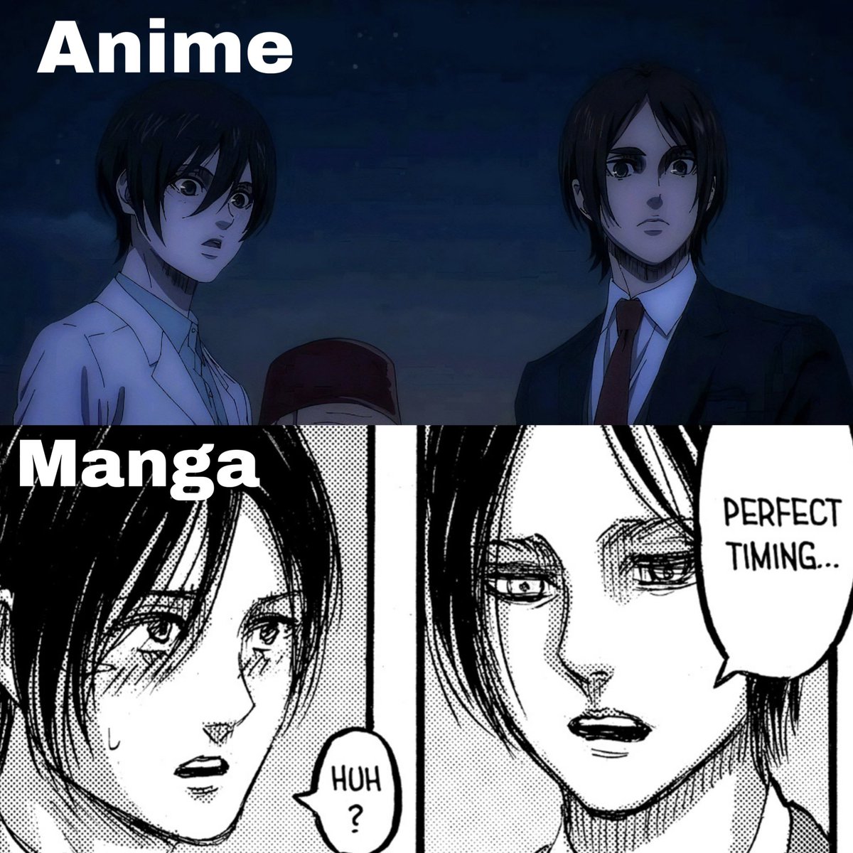 I really wish mappa kept Eren’s disappointed expression for this moment. You can see in the manga that Eren didn’t like the fact him and Mikasa were interrupted. These small details shows just how badly Eren wanted to be with her