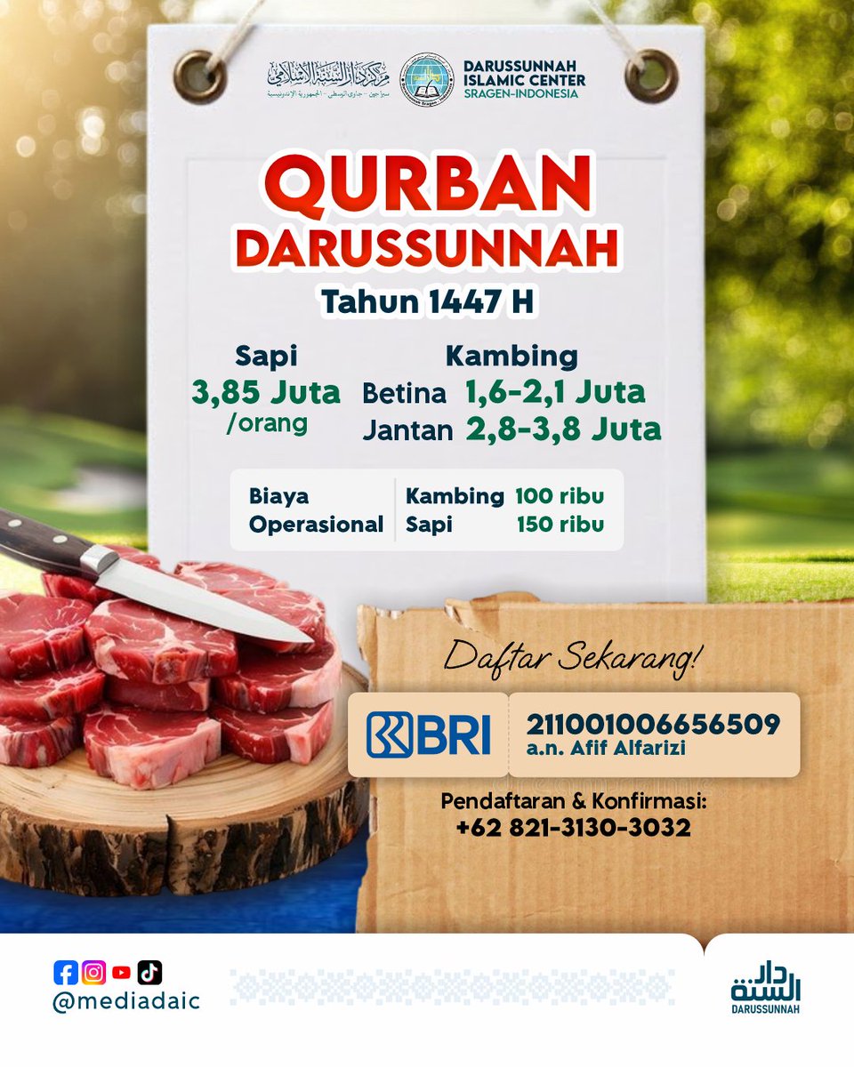 MediaDaIC's tweet photo. Allah subhanahu wa ta'ala berfirman:
"Daging (hewan kurban) dan darahnya itu sama sekali tidak akan sampai kepada Allah, tetapi ketakwaanmu yang sampai kepadanya." (Al-Ḥajj [22]: 37) ✨ https://t.co/3AIbSXsJPv