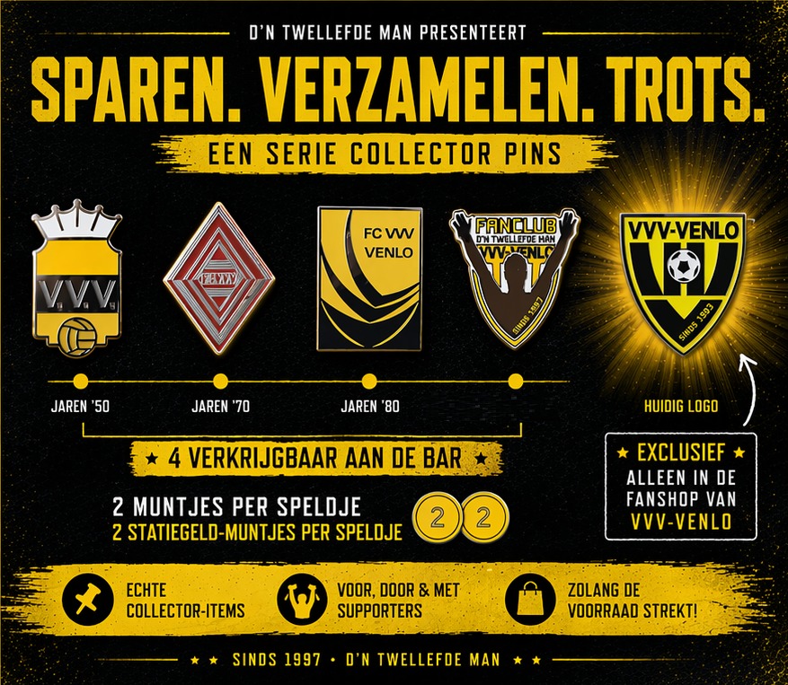 Must have collector pins!
Sla je slag deze unieke pins van oude clublogos wil je toch niet missen als supporter of voor op je vastelaovesjeske?!?
Vanaf aanstaande vrijdag verkrijgbaar Beej Jan tijdens onze seizoensafsluiter met oa Braodway the coverband 🥳🥳🥳