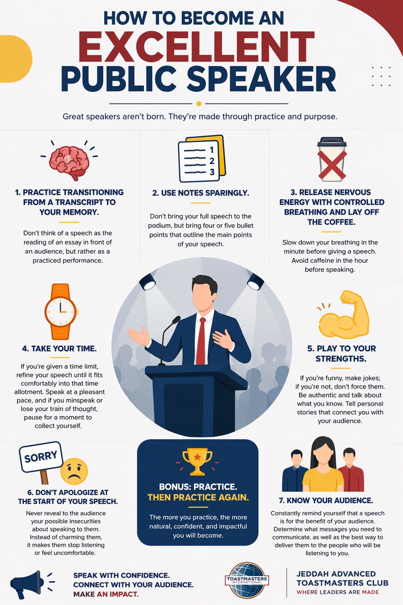 🎤 How to become an excellent public speaker?

Built, not born.
One speech. One mistake. One comeback.

Your voice = your power.
Speak up. Make impact. 🚀

#ConfidenceEra #SpeakUp #LevelUp #LeadershipSkills #FindYourVoice #GrowthMindset #MakeImpact
<a href="/District104TI/">District 104 Toastmasters International</a> <a href="/Toastmasters/">Toastmasters</a>