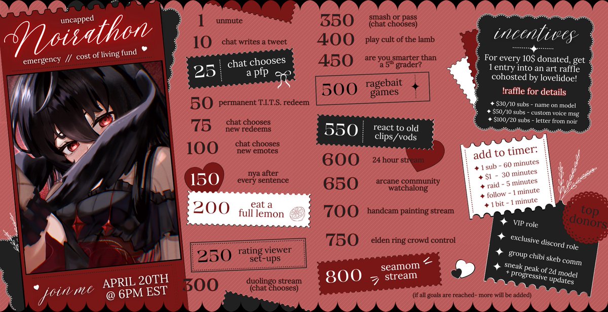 seanoirr's tweet photo. ✦ NOIRATHON GOALS + ART RAFFLE ✦

I'm so excited to finally announce that our second ever donothon will be starting soon! This is to help me pay bills while I keep job hunting. 

The main incentive is an AMAZING art raffle cohosted by @lovelidoe where every 10$ donated will get you 1 entry to a raffle for one of their services!! Yes- these stack! Thank you so much again to deer for offering to do this with me ♡

📅 Monday, April 20th | 6PM EST

Hoping you can all come join and support me, its gonna be a lot of fun and a loooot of chaos!
