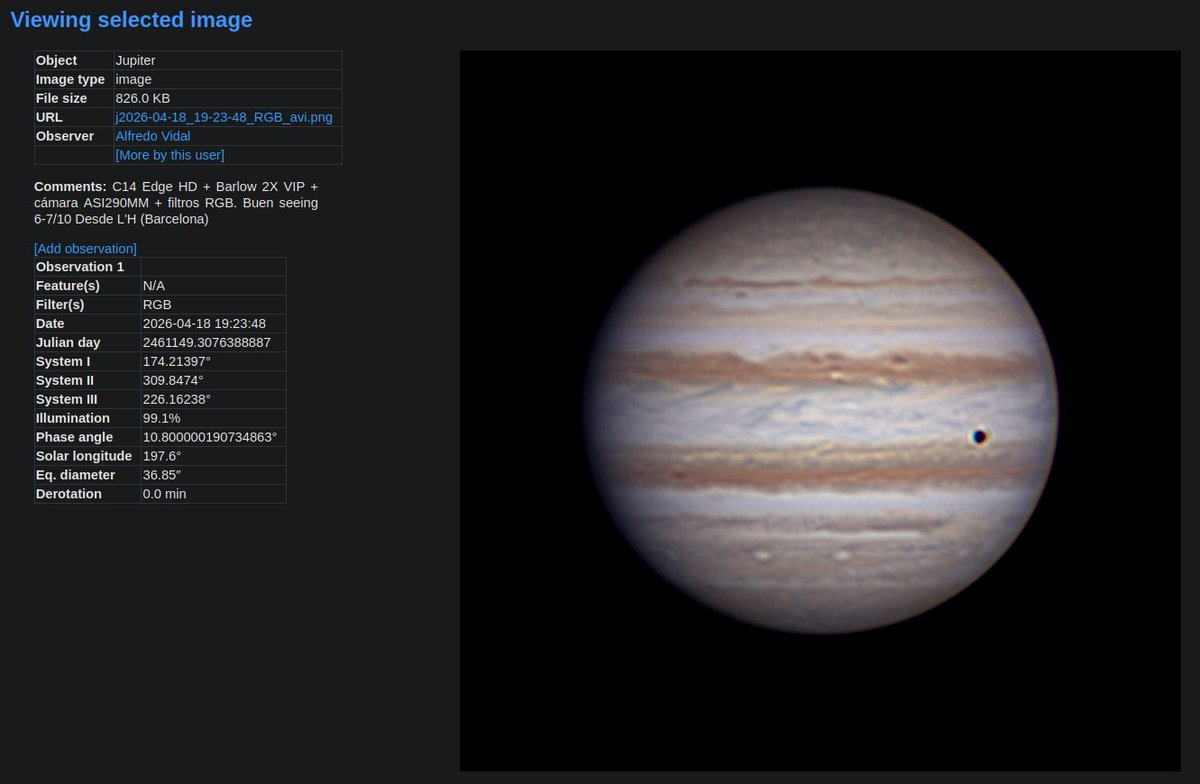ChappelAstro's tweet photo. @OASES_miyako Unfortunately a false positive. Image 1.5 hours later from someone who uploaded to the PVOL database. Optical aberrations were elongating Io's shadow. https://t.co/5RV6FcTKGh