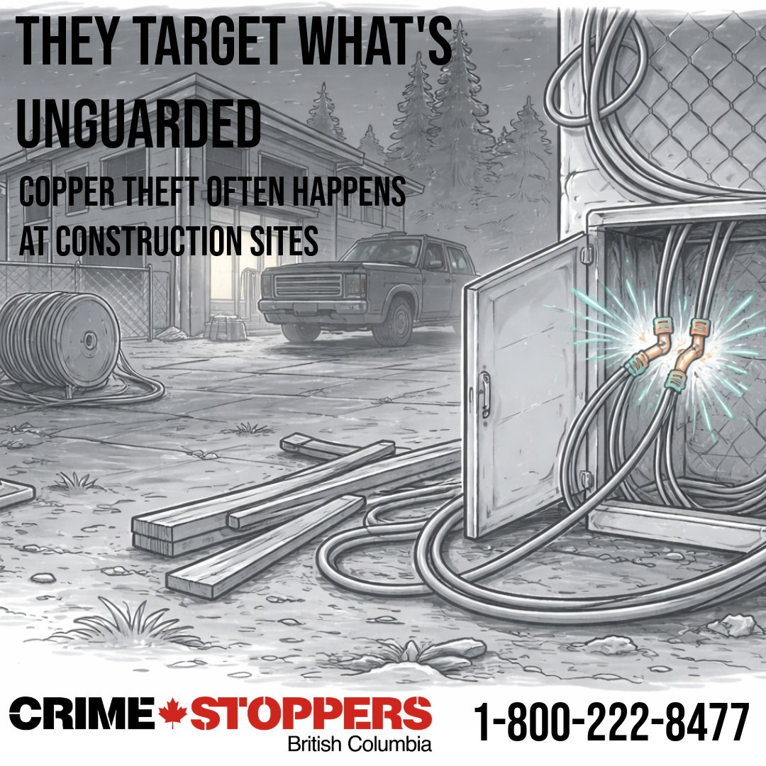 FightCrimeBC's tweet photo. Copper wire theft often happens where no one is watching.

Common targets include:
• Construction sites
• Rural properties
• Vacant buildings
• Utility boxes and infrastructure

If something feels off, like late-night activity or unfamiliar vehicles, trust your instincts.

If something feels off like late-night activity or unfamiliar vehicles, trust your instincts.

📞 Submit a tip anonymously through BC Crime Stoppers by calling 1-800-222-8477 or submit online at https://t.co/uihKCtPfdj

#CrimePrevention #BCCrimeStoppers #CopperWireTheft #StayAlert