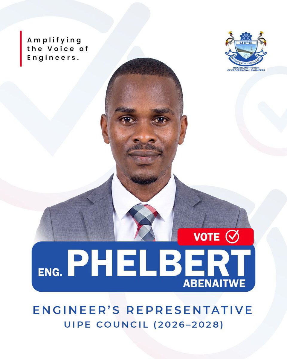 KUIESA_UG's tweet photo. Vote Eng. Phelbert Abenaitwe for Engineer’s Representative, UIPE Council (2026–2028).
A former KUIESA president and Industrial engineer at Kiira Motors. All graduate members and higher levels are encouraged to participate.
#VoteAbenaitwePhelbert #UIPE #DeedsNotMereWords https://t.co/RwMuAcftlA