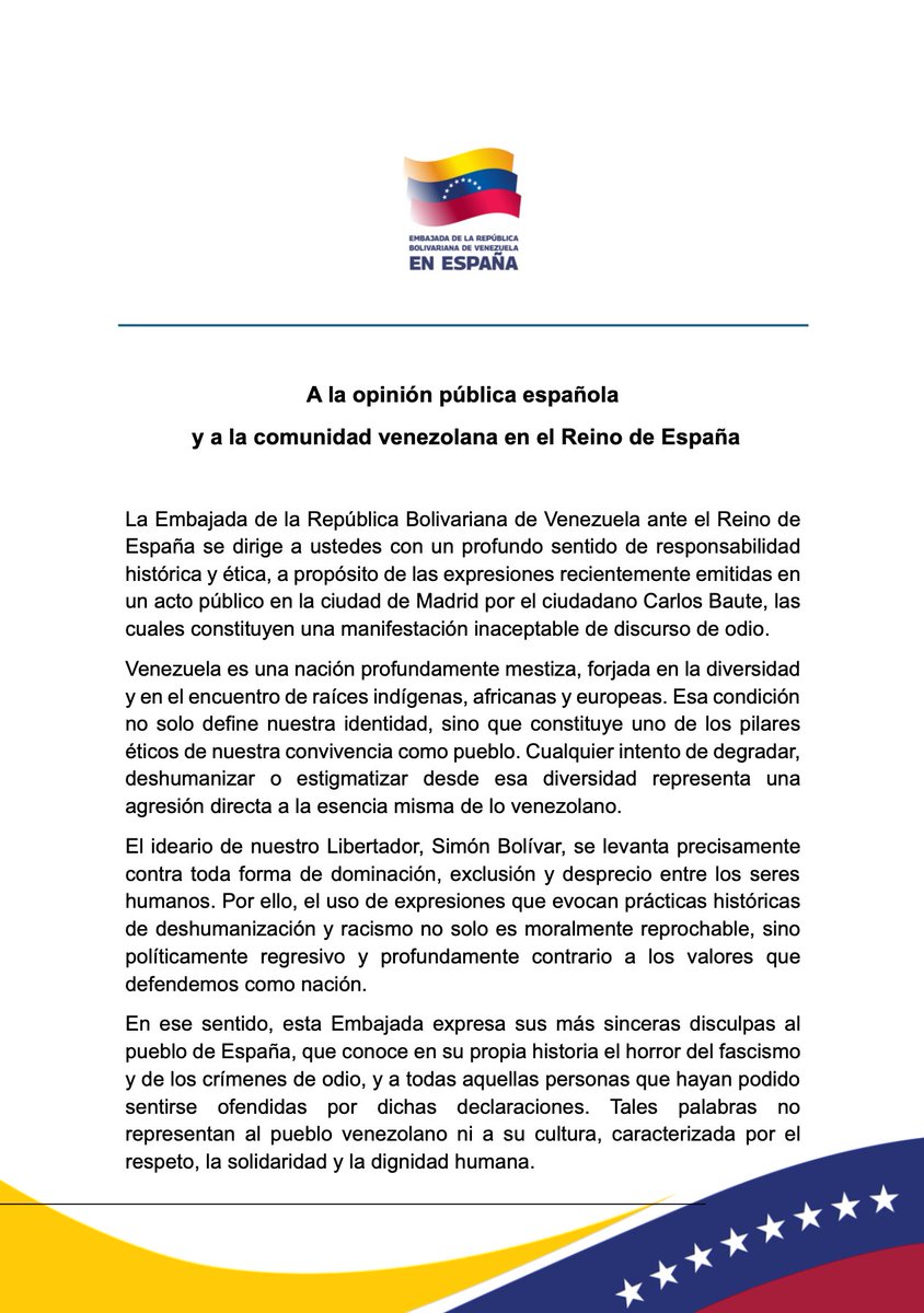 La Embajada de Venezuela en España debe accionar legalmente contra María Corina Machado y Carlos Baute por sus expresiones de odio y racismo en un acto público.
Deben denunciarlos, no quedarnos solo en un comunicado de protesta.