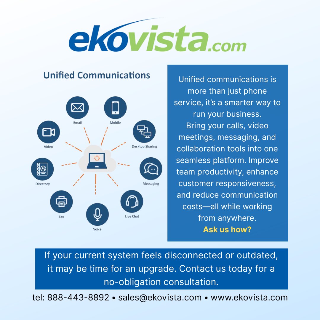 ekovista's tweet image. Ekovista offers tailored unified communications solutions designed to fit your business needs. Contact us today for a FREE consultation.

#UnifiedCommunications #BusinessTechnology #CloudCommunications #VoIP #ITServices #DigitalTransformation #BusinessEfficiency #Ekovista