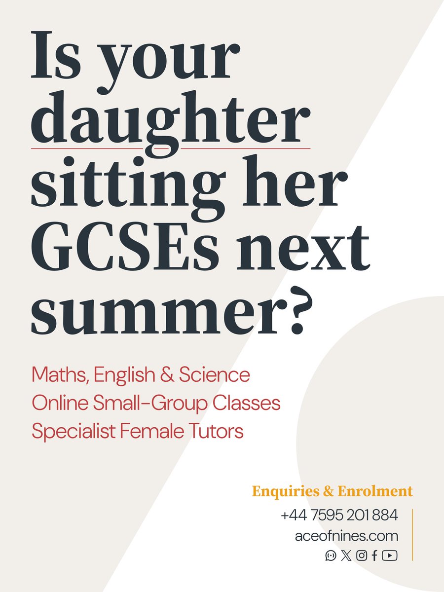 ace_of_nines's tweet image. Enrolment Open, Limited Places.

Specialist Female Tutors.
#GCSE (#SecondarySchool) #Maths, #English and #Sciences

Get ready for your #exams!

aceofnines.com