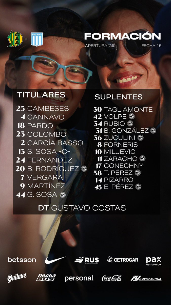 ¡CONFIRMADO!✅ 

Este es el once que saldrá a enfrentar a Aldosivi, en Estadio de Fútbol José María Minella 🏟️

¡Vamos Racing!🩵🤍

📸: <a href="/RacingClub/">Racing Club</a>