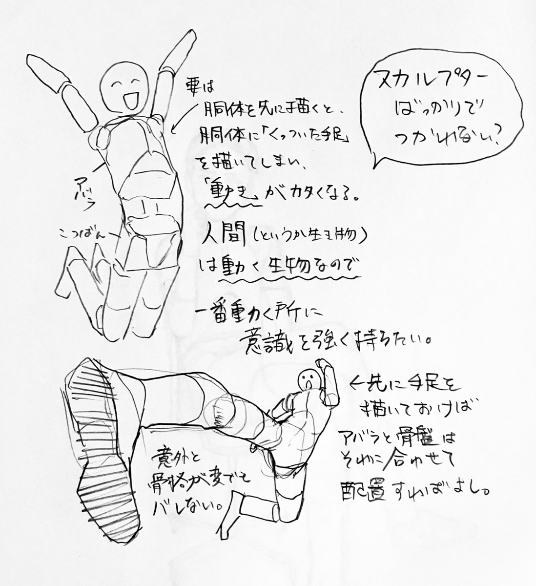 漫画家志望フレンズのみなさん。
人体のアタリの描き方で、最近私は「胴体のアタリ」を描かなくしました。
なぜなら生物の動きの大半は手足。
胴体はその動きに影響をされる。
ので、手足を先に描いた方が「勢い」が描ける。
最後の方は描きますが、コチコチのスカルプターは逆効果なのかもしれません