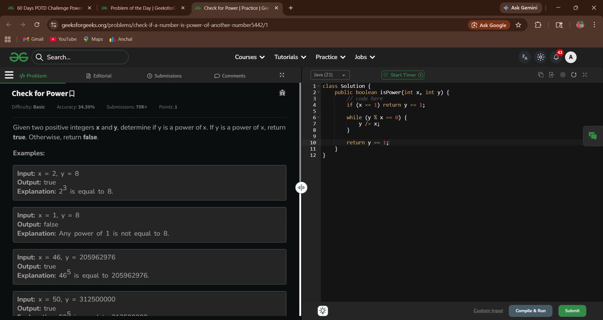 anchal_dwi38198's tweet image. Day 56/60 — #GeekStreak60
POTD: Check if y is Power of x
• Keep dividing y by x while divisible
• If y becomes 1 → true
• Else → false

Edge: if x == 1 → return y == 1
@GeeksforGeeks
@NPCI_NPCI
#DSA #Math #100DaysOfCode