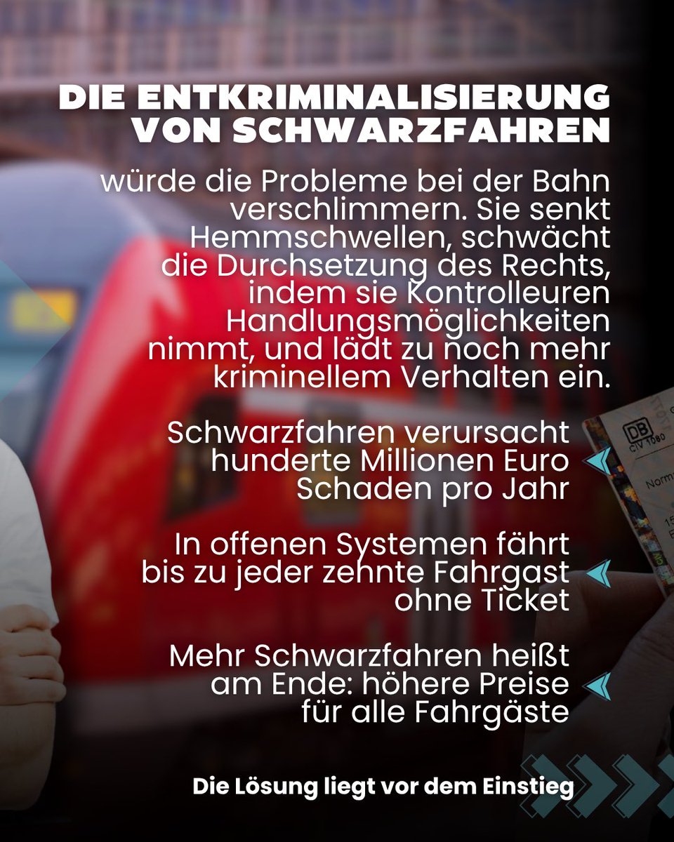 juhessen's tweet photo. ❗️Das wäre keine Lösung, sondern eine Kapitulation vor bestehenden Problemen. Denn: Wer Regeln aufweicht, senkt Hemmschwellen und belastet am Ende ehrliche Fahrgäste durch höhere Preise. 

▶️ Statt Fehlverhalten zu bagatellisieren, müssen wir die Ursachen bekämpfen. 

2/3 https://t.co/US3HhD55sT