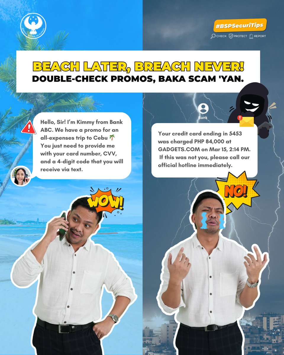 BangkoSentral's tweet image. #BSPSecuriTips: Mag-ingat sa promos at “alerts” na humihingi ng personal o financial information. Huwag itong ibigay. Baka scam ‘yan!

Gawin ang #CPR o #CheckProtectReport para sa mas ligtas at secure na transaksyon. 👍🏼