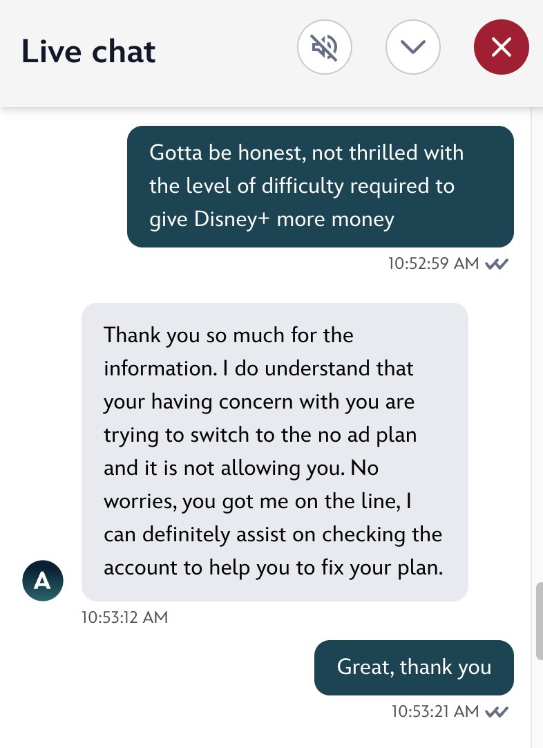 ceboudreaux's tweet image. Finding it impossible to upgrade my @DisneyPlus  subscription
-No option to upgrade in subscription settings on web or app
-Knowledgebase instructions are wrong
-Chat support failed mid-convo
-Chat support reload starts over instead of resuming

#userexperience #cxfail #uxfail