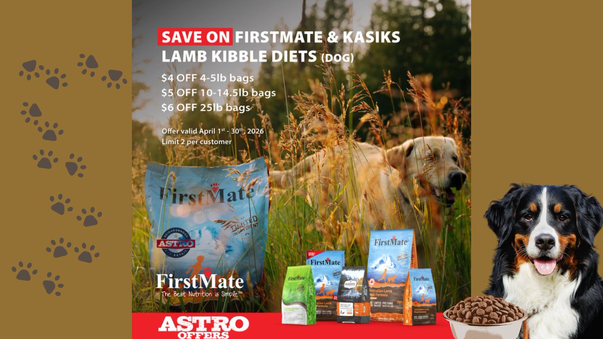 ocalafeed's tweet photo. Big savings on quality lamb nutrition 🐾 With Astro Loyalty, save $4 on 4–5 lb bags, $5 on 10–14.5 lb bags, and $6 on 25 lb bags of FirstMate &amp; Kasiks Lamb Kibble Diets for dogs. #AstroLoyalty #PetDeals #OBFSPets https://t.co/Fr5jVNXZwc