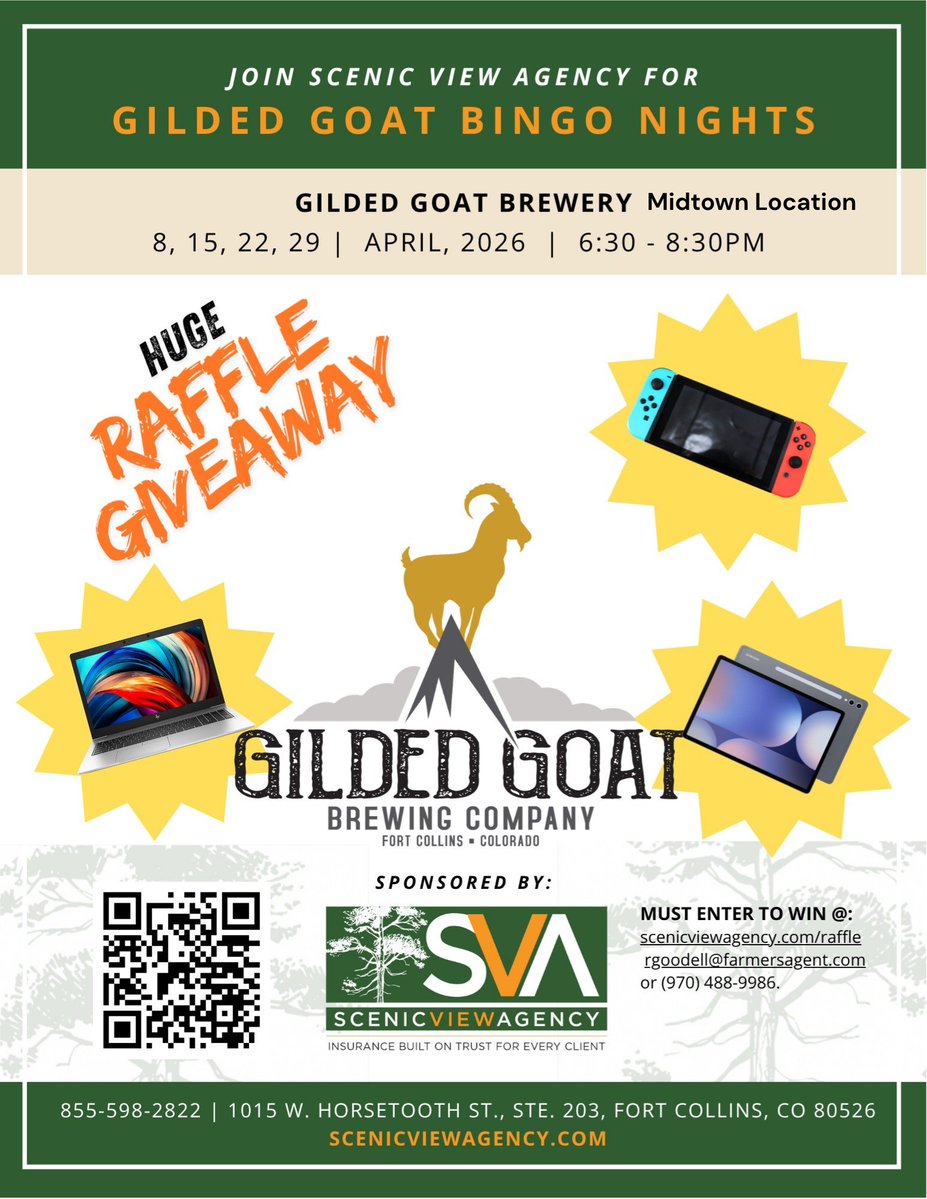 ScenicViewAgent's tweet image. Do you want to save money on insurance and win a #Switch 2?

How about a #SamsungGalaxyTablet for the summer?

We are giving away these and more in our #ScenicViewAgency #GildedGoat BINGO nights raffle.

How do you enter? Call us for a quote.
For Colorado residents only.