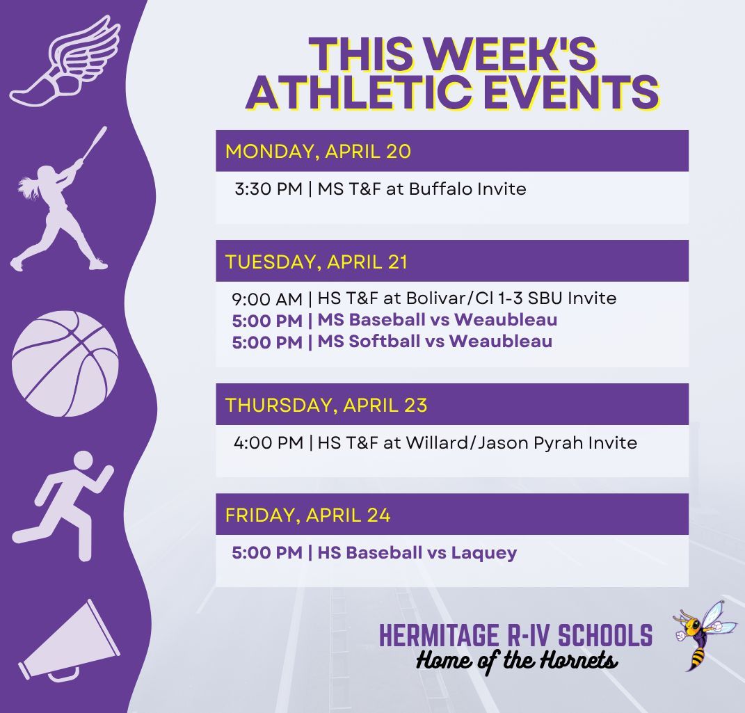 HermitageSchool's tweet image. #GAMEPLAN: We are split this week with 3 track meets &amp;amp; 3 ball games, and all ball games at Pickering Park. You can follow all 5 spring athletic teams this week. Pick a sport &amp;amp; pick a location. 👟⚾️🥎💜💛 #HornetSports #WeAreHermitage #TimelessTradition