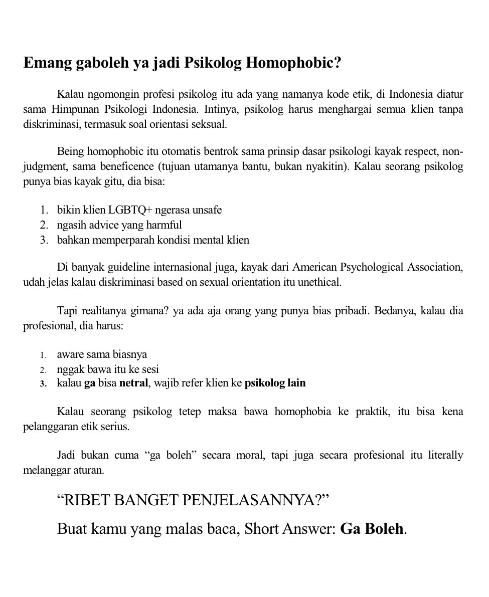“Emang kenapa kalo jadi Psikolog Homophobia?”

“Gaboleh ya emang jadi Psikolog Homophobic?”

Yuk, aku bantu jawab pertanyaan sejenis ini!

Btw sekalipun Klien seorang psikolog tersebut pun, Atheis, Part of Lgbtq+ Community, Ataupun Pecandu Narkotika, Bukan kamu ga kedapetan hak