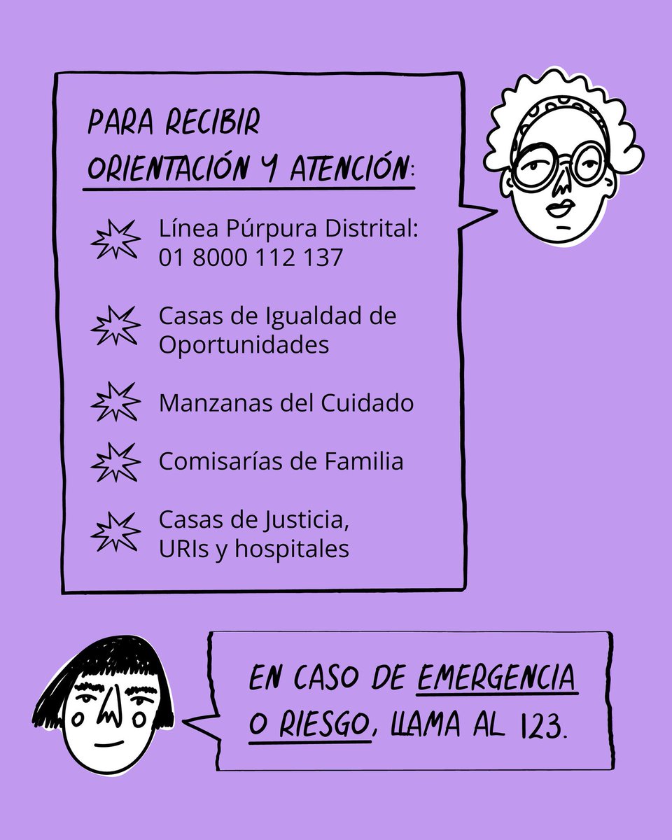 ServicioCivilD's tweet image. Si tú o alguien que conoces necesita ayuda, no estás sola. Comunícate con la #LíneaPúrpura 📞 al 018000112137 o acércate a las #CIOM, #ManzanasDelCuidado, Comisarías de Familia, Casas de Justicia, URIs y hospitales 🏥.

Si tu vida corre peligro llama de inmediato al 123 🚨

🧵2/2