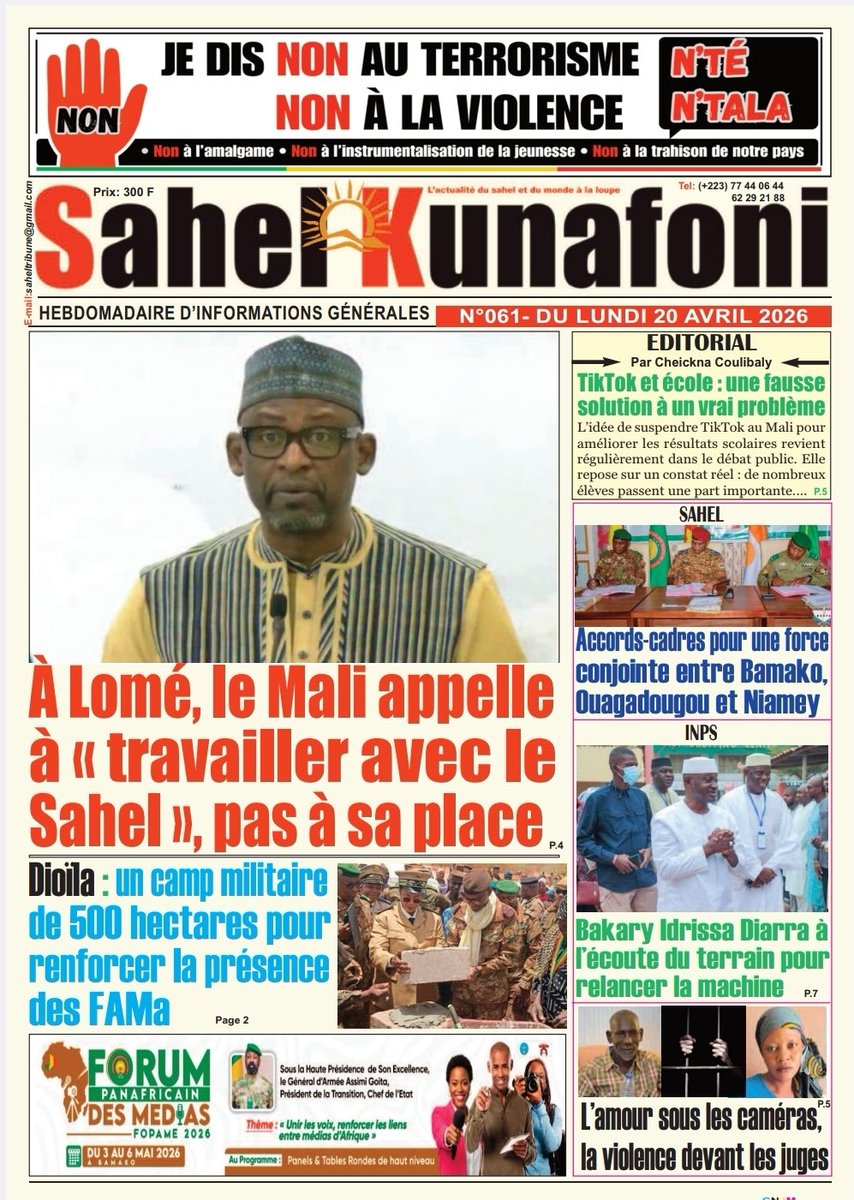 Demain, lundi 20 avril 2026, dans les kiosques et en téléchargement sur le site saheltribune.com